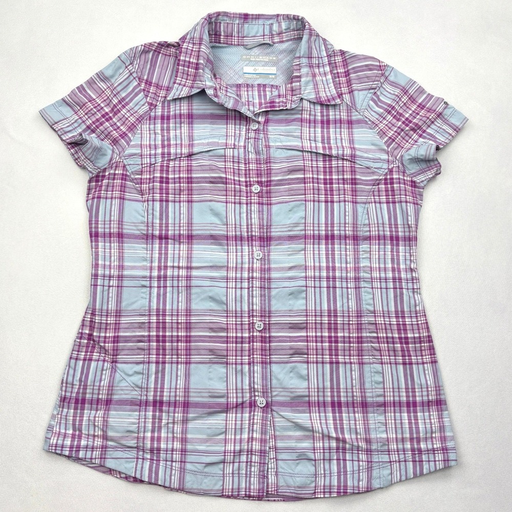 Columbia Womens Medium Purple Plaid Omni Shade Vented Hiking Shirt AL7081 M